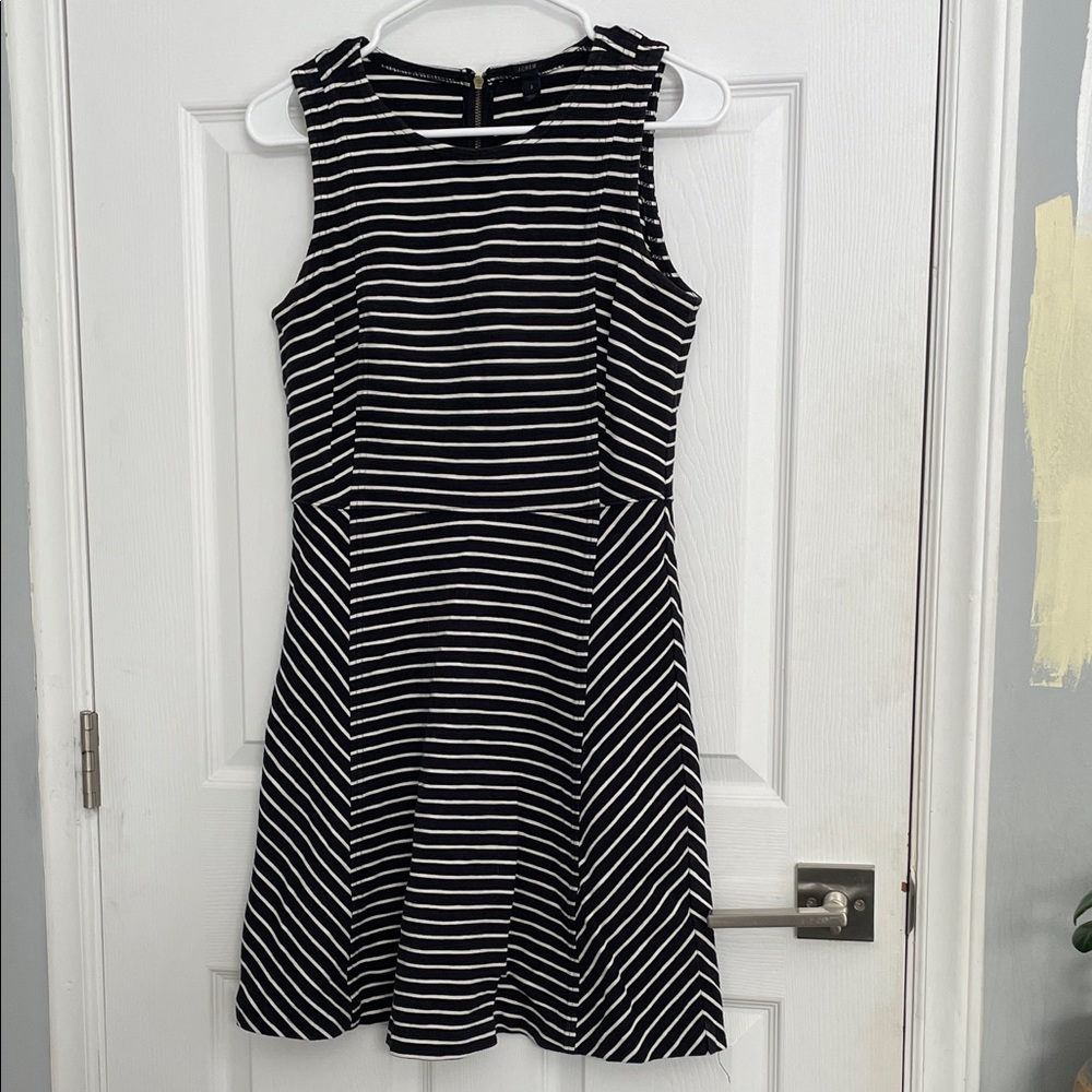 J. Crew Black and White Striped Sleeveless Fit-and-Flare Dress